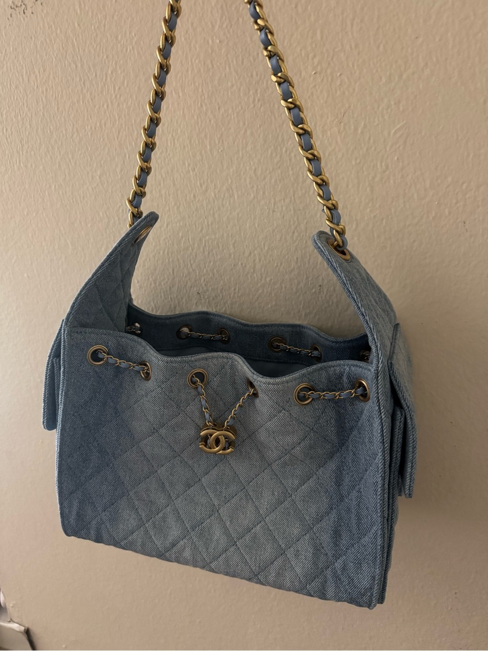 Denim Quilted 25 Light Blue with Gold Hardware